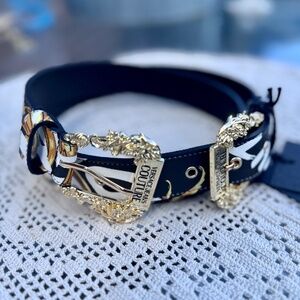 NWT Versace Belt Jeans Couture Collection, Black & Yellow with Gold Buckle, 90cm